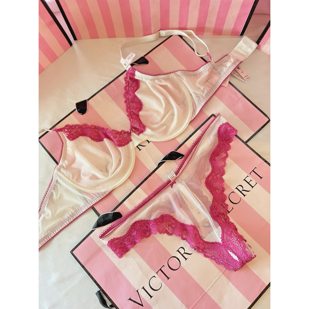 Victoria's Secret Bra Unlined Tease 34DD Large Thong White W/lace Trim